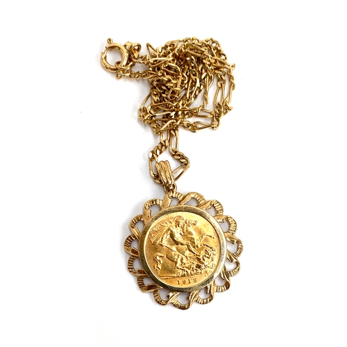 A 1913 gold half sovereign, mounted, with chain, 11g