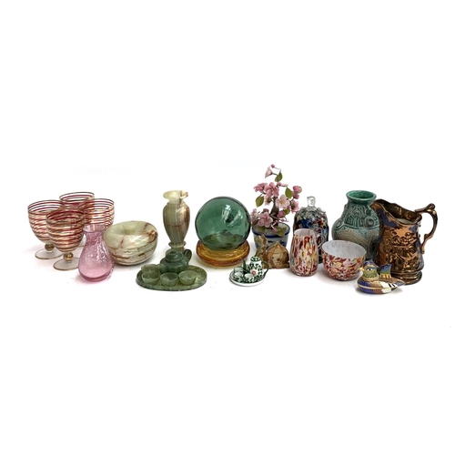 57 - A mixed lot to include onyx items, green glass fishermans float, hardstone decorative flower etc