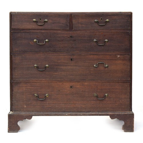 A George II oak chest of two short over three long drawers, the top with an ovolo lip, the drawers with apparently original swan neck handles, within carcass cockbeads, raised on bracket feet, 93cm wide, 47.5cm deep, 90cm high