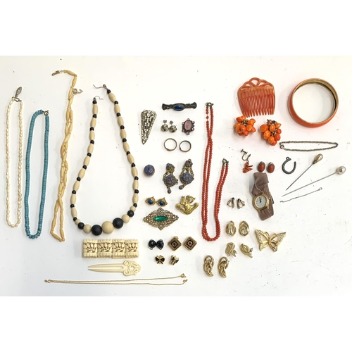 1 - A mixed lot of costume jewellery to include a pair of enamelled clip earrings by Sphinx; a silver an... 