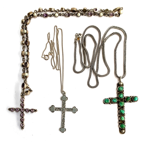 6 - Three crucifix necklaces, one set with amethysts, approx. 20.8g; one with turquoise, approx. 21.5g a... 