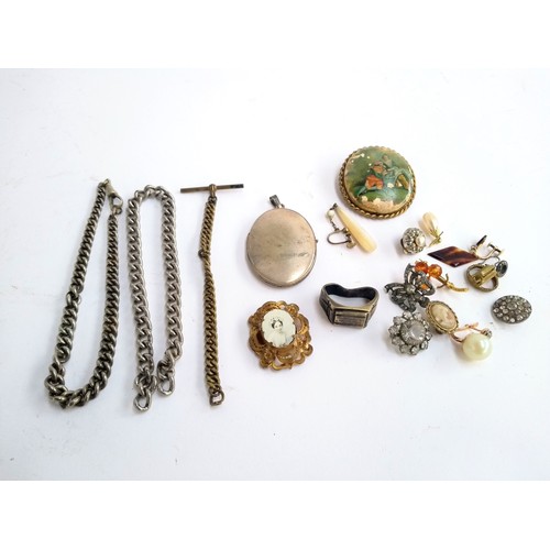 17A - Two white metal chains (af); a white metal locket, 5cmL; brass fob chain and t bar (af); citrine gla... 
