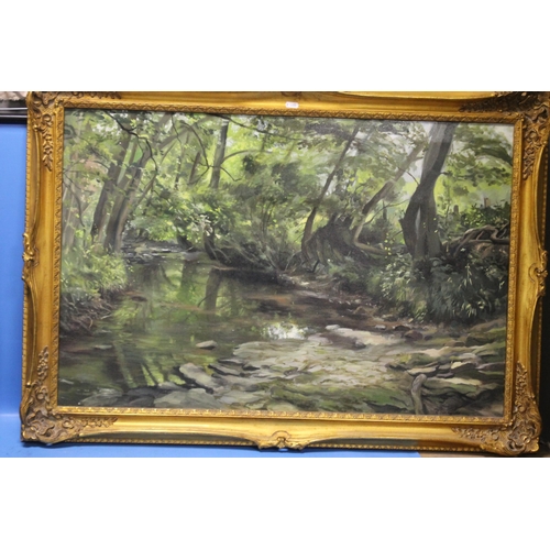 10 - A FRAMED OIL ON CANVAS DEPICTING A WOODLAND SCENE WITH STREAM SIGNED C. SIMMONS, WIDTH: 105 CM, LENG... 