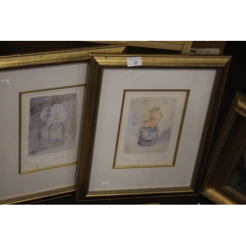 25 - TWO FRAMED LIMITED EDITION PRINTS  OF FLOWERS, TOGETHER WITH THREE OTHER FRAMED PRINTS, inside measu... 