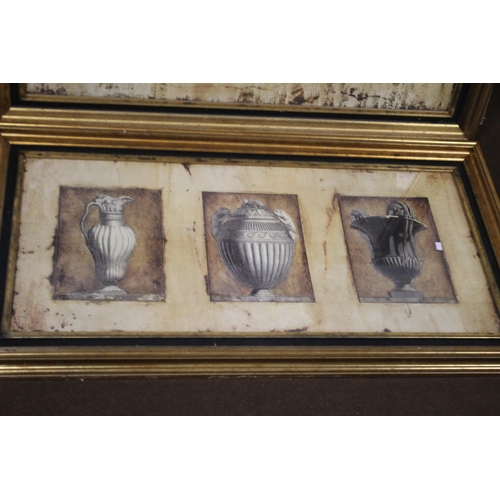 27 - A PAIR OF FRAMED PRINTS OF CLASSICAL URNS TOGETHER WITH A MIRROR (3)