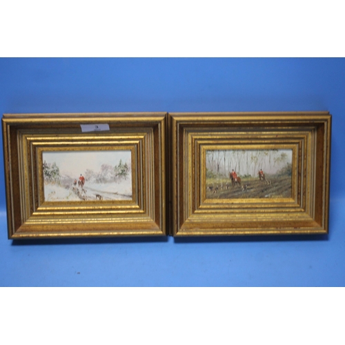 3 - TWO FRAMED OIL ON BOARD PAINTINGS DEPICTING HUNTING SCENES SIGNED P. SERVICE WIDTH (OF BOTH): 23 CM,... 
