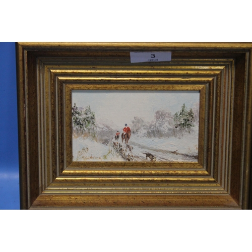 3 - TWO FRAMED OIL ON BOARD PAINTINGS DEPICTING HUNTING SCENES SIGNED P. SERVICE WIDTH (OF BOTH): 23 CM,... 