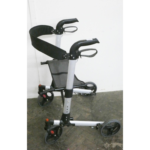 A modern foldup four wheel Zimmer frame with seat, brakes et... Barnebys