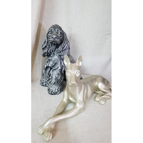 35 - Silver Colour Dog Figurines (x2), (H:30cm & H:23cm)