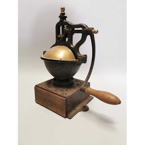 15 - Early 20th C. brass and cast iron coffee grinder { 47cm H X 40cm W X 23cm D }.