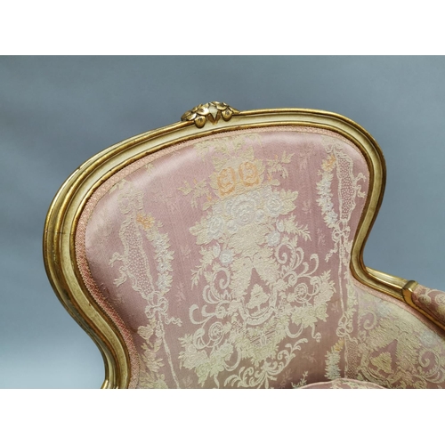 4 - 19th. C. upholstered giltwood armchair raised on Queen Ann style legs { 94cm H X 124cm W X 57cm D }.