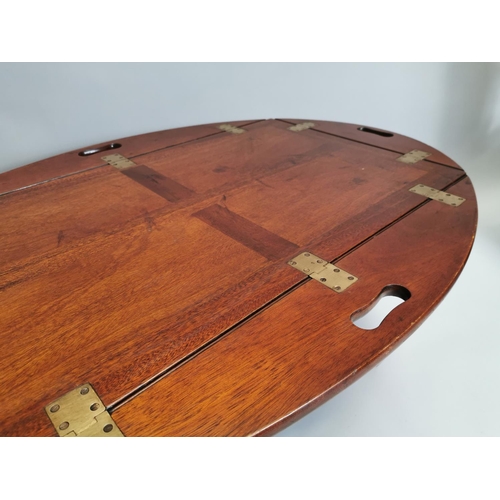 42 - Mahogany and brass coffee table in the form of a butler's tray on stand { 48cm H X 100cm W X 68cm D ... 