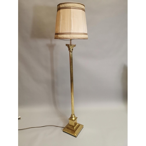 46 - Brass standard lamp with Corinthian column and shade { 167cm H }.