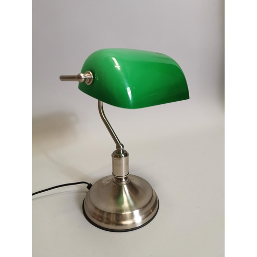 49 - Chrome and glass banker's desk lamp. { 34cm H X 26cm W X 20cmD }.