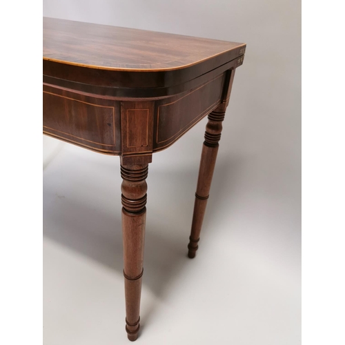 50 - 19th. C. mahogany turn over leaf card table with single drawer in the frieze, raised on turned legs ... 