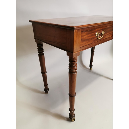 51 - 19th. C. mahogany side table with single drawer in the frieze, raised on turned legs { 80cm H X 91cm... 