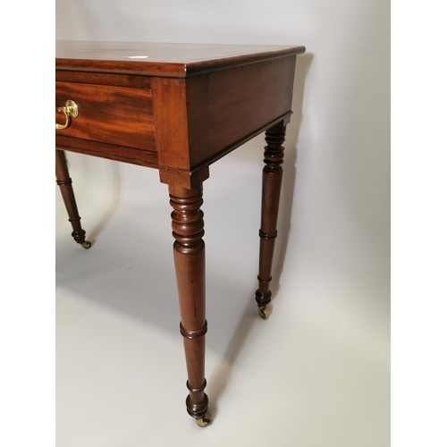 51 - 19th. C. mahogany side table with single drawer in the frieze, raised on turned legs { 80cm H X 91cm... 