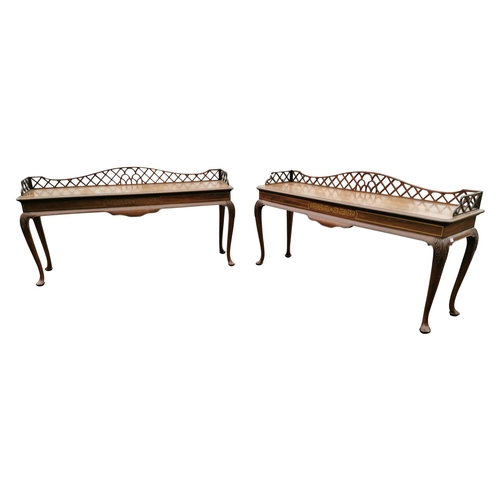 57 - Pair of Edwardian rosewood side tables, the open work gallery back above brass inlaid frieze raised ... 