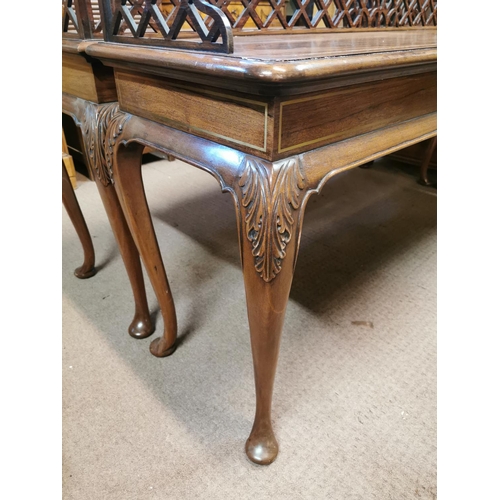 57 - Pair of Edwardian rosewood side tables, the open work gallery back above brass inlaid frieze raised ... 