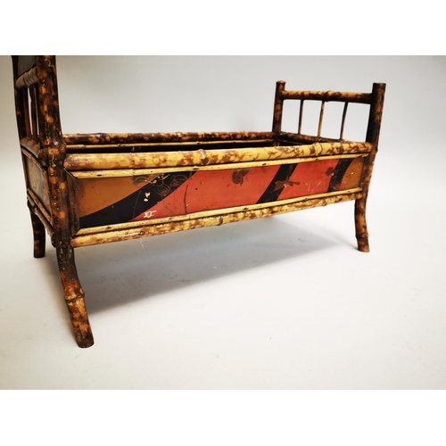19 - Unusual early 20th C. bamboo doll's cot with hand painted Oriental handles { 67 cm H x 37 cm L cm 22... 