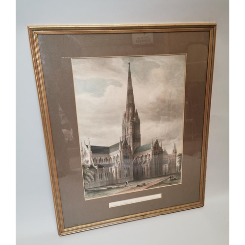 37 - 19th C. framed coloured print of Salisbury Cathedral {88 cm H x 74 cm W}.
