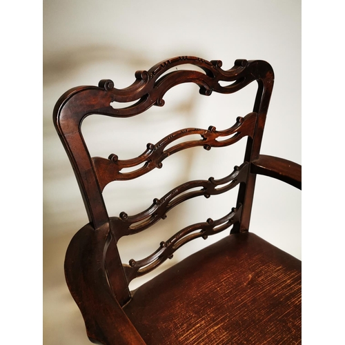 39 - Irish Georgian mahogany ladder backed carver with square legs and leather upholstery. { 98 cm H x 69... 