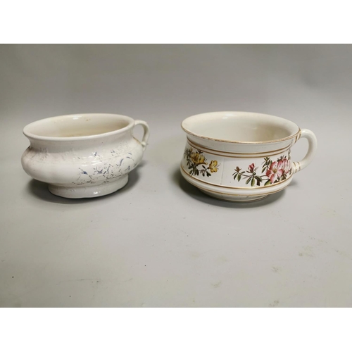 9 - Two early 20th C. ceramic chamber pots  { 14 cm H x 23 cm Diam approx.}.