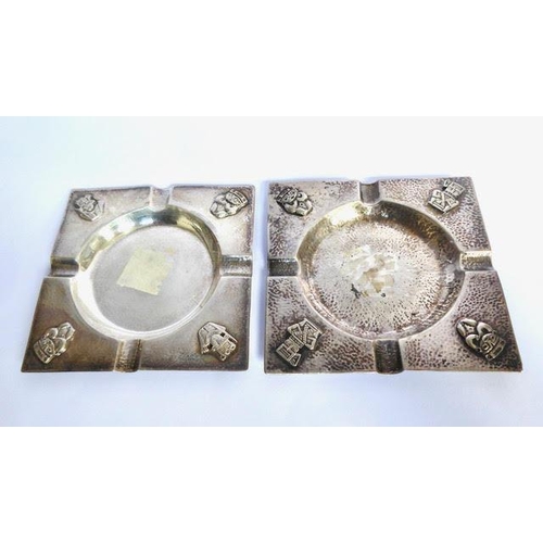 14 - Pair of square white metal ashtrays with symbols in each corner. Measurement: 4 3/8 square. Weight:... 