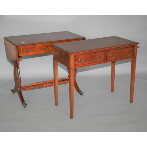 20 - Yew wood sofa table and matching side table with two drawers 90 W x 75 H x 50 D and 90 W x 75 H x 45... 