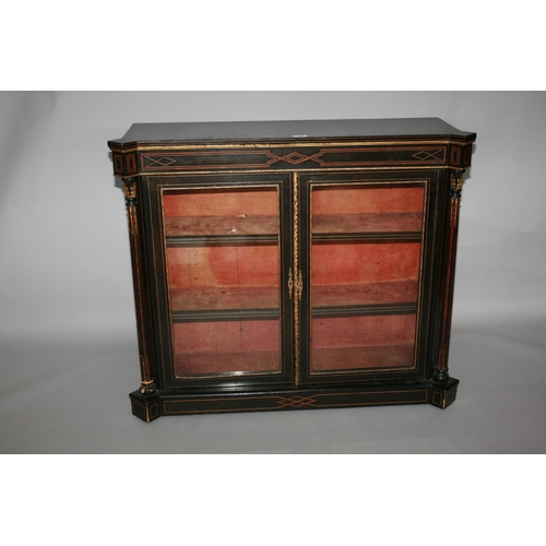 22 - Victorian two door side cabinet mainly ebonised with amboyna inlay throughout and ormolu mounts (som... 