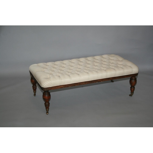 24 - Victorian style centre stool with deep buttoned upholstered top on stained base 120 W x 40 H x 60 D