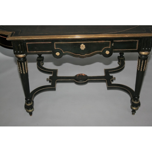 41 - 19th Century ebonised and brass mounted centre table with frieze drawer as found 152 W x 76 H x 90 D