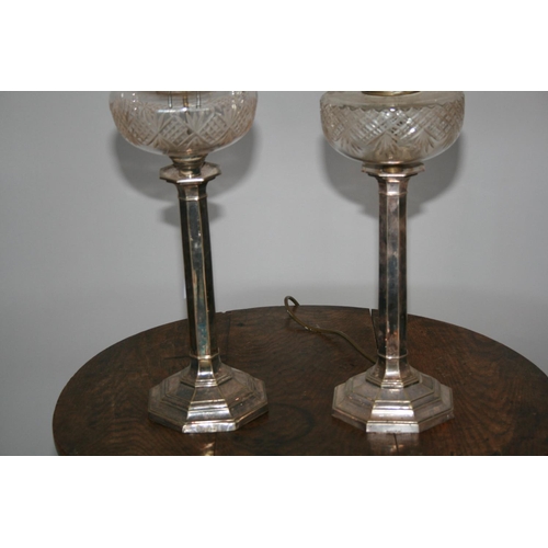 57 - Fine pair of Edwardian silver plated oil lamps by HINKS, converted (damage to one bowl) 15 W x 50 H