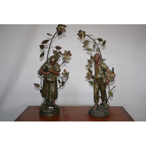60 - Very fine pair of bronzed lamps in the form of man and woman figures standing on rocky bases. Signed... 