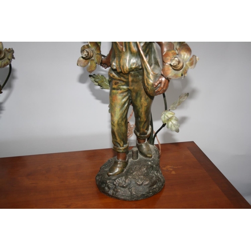 60 - Very fine pair of bronzed lamps in the form of man and woman figures standing on rocky bases. Signed... 