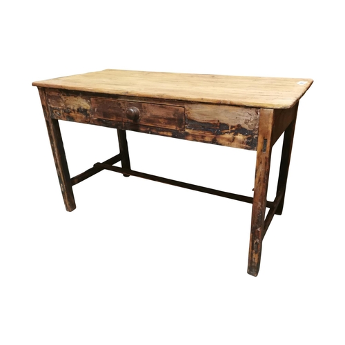 4 - 19th. C. painted pine table with single drawer in the frieze raised on square legs and single stretc... 