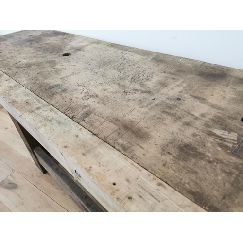 14 - Early 20th C. pine work bench {80 cm H x 201 cm W x 50 cm D}.