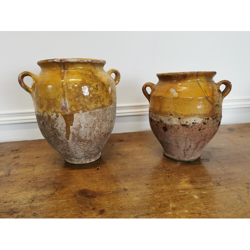 21 - Two rare 19th C. glazed terracotta Confit pots {27 cm H x 26 cm Dia and 23 cm H x 20 cm Dia.}.