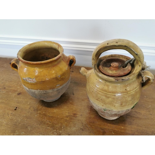 22 - Two rare 19th C. glazed terracotta Confit pots {18 cm H x 18 cm Dia and 20 cm H x 18 cm Dia.}.