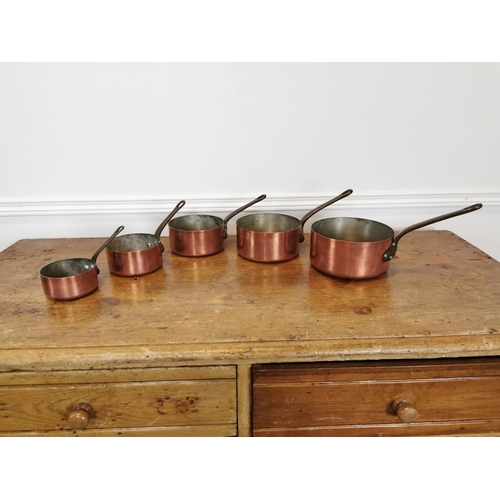 23 - Set of five good quality copper and brass sauce pans {26 cm H x 34 cm W x 18 cm D}.