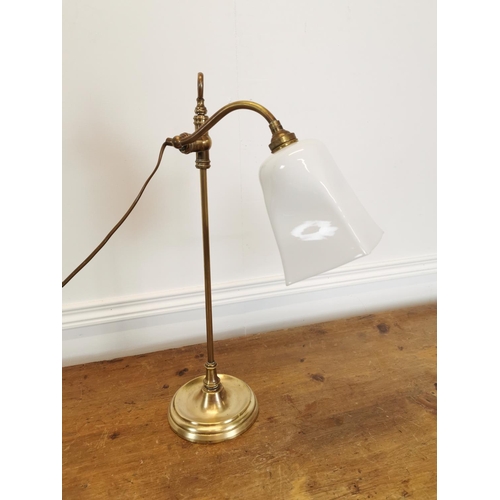 24 - Good quality early 20th C. brass desk lamp with opaline shade {49 cm H x 32 cm W x 17 cm D}.