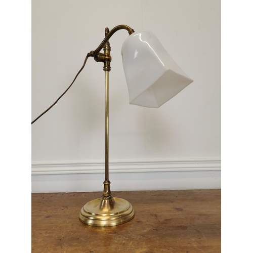 24 - Good quality early 20th C. brass desk lamp with opaline shade {49 cm H x 32 cm W x 17 cm D}.