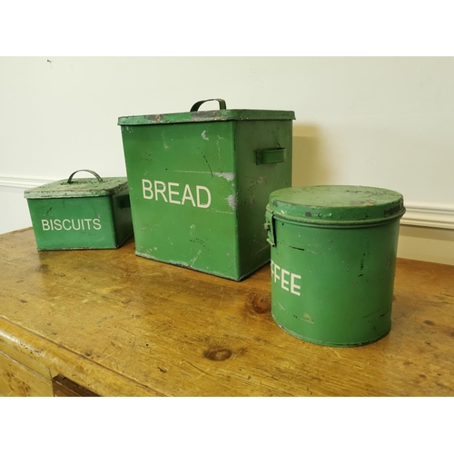 29 - Painted metal bread, coffee and biscuit tins.