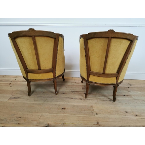 34 - Pair of good quality Edwardian walnut arm chairs with mustard velvet upholstery raised on cabriole l... 