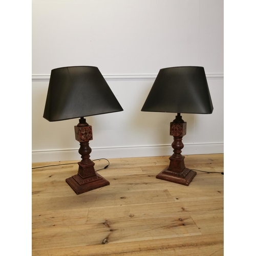 54 - Pair of good quality pine table lamps with shades. {102 cm H}