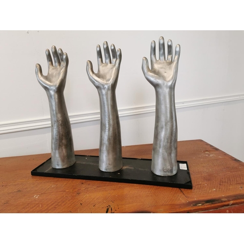 9 - Set of rare early 20th C. polished metal glove makers hands mounted on metal plinth {41 cm H x 50 cm... 