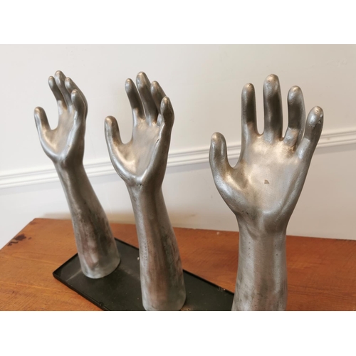 9 - Set of rare early 20th C. polished metal glove makers hands mounted on metal plinth {41 cm H x 50 cm... 