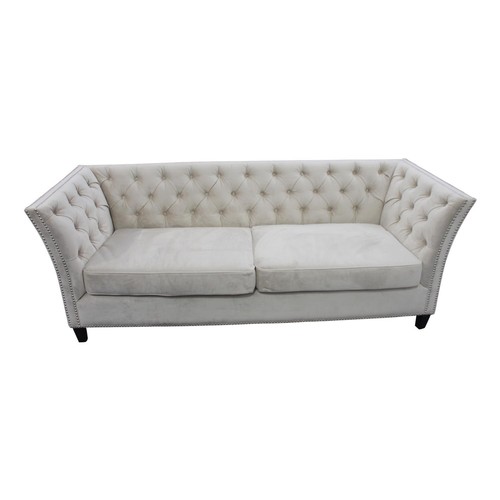 55 - Good quality deep buttoned crushed velvet upholstered three seater sofa rasied on tapered legs { 80c... 