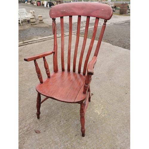 4 - Pine slat back arm chair {106 cm H x 56 cm W x 48 cm D}.