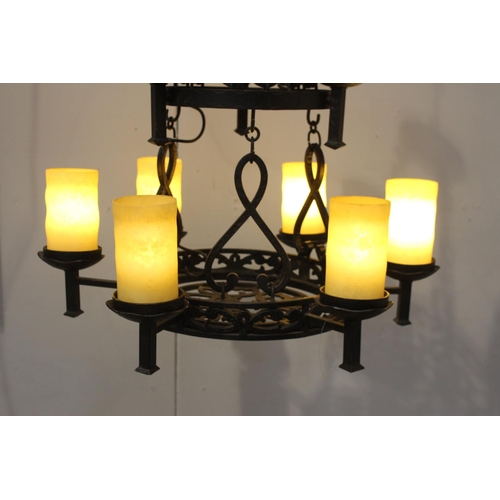 2 - Wrought iron two tier nine branch chandelier with alabaster shades {97 cm H x 75 cm Dia.}.